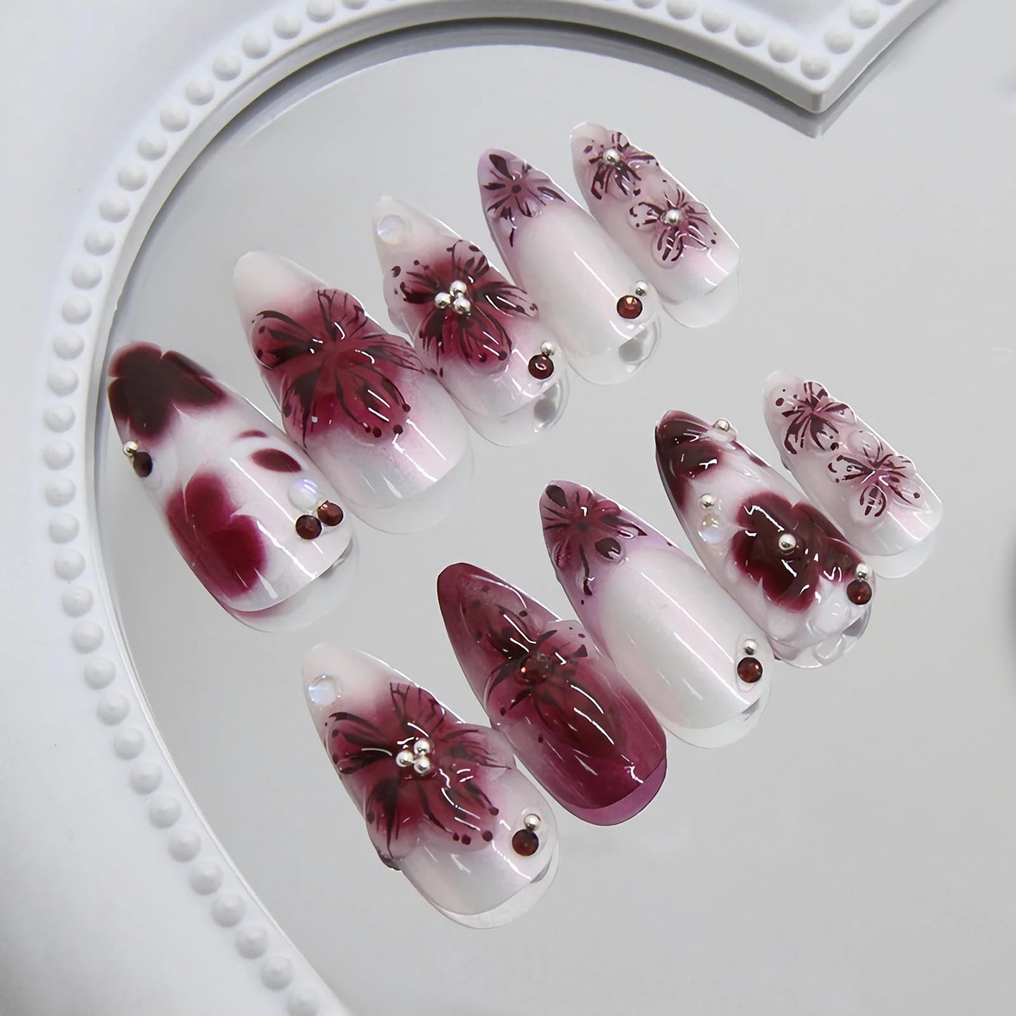 MISUD Press on Nails - Medium Almond Fake Nails with Purple Acrylic Handmade 3D Flower Design 24 pcs