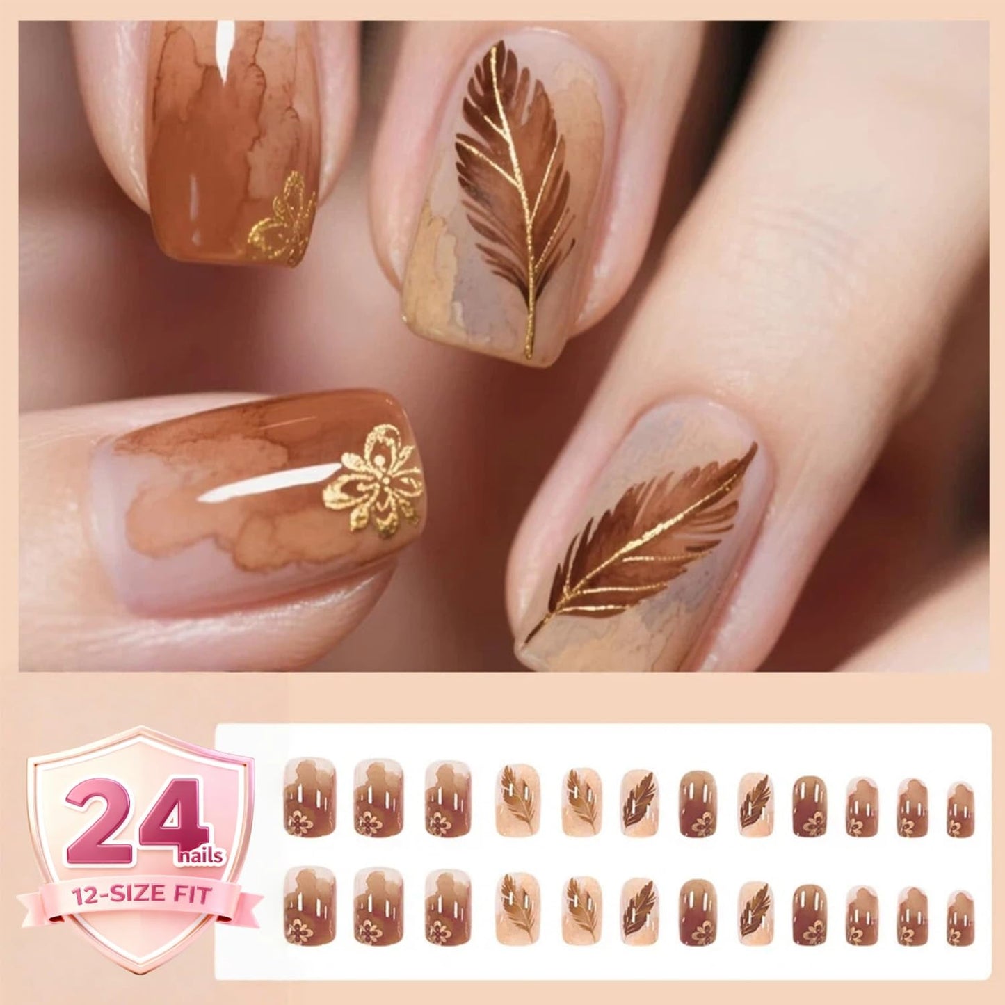 Elegant Brown Gradient Floral Press-On Nails with Leaf & Flower Designs, Durable & Long-Lasting Fake Nails, Easy-to-Apply Natural Style for Women, 24PCS