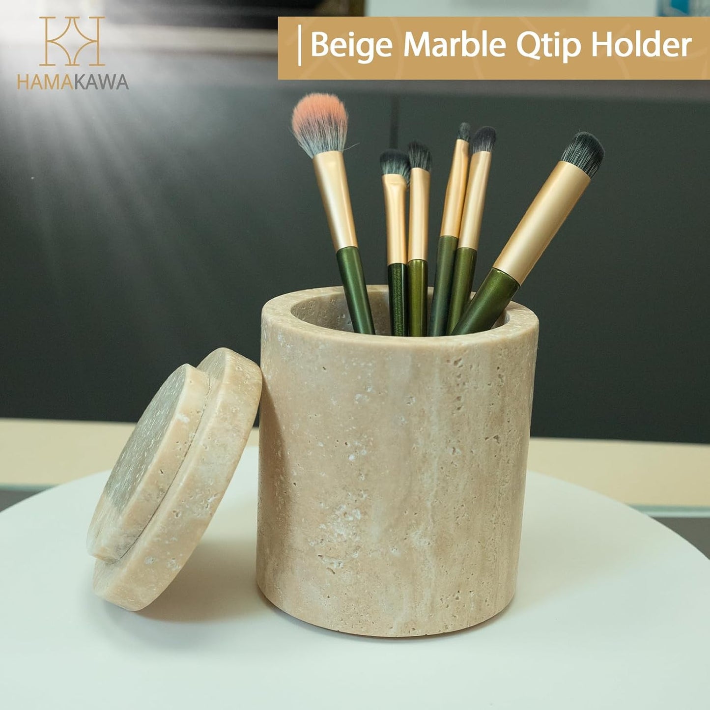 Qtip Holder With Marble cover, Beige Travertine Cotton Swab Jars 4 Inch, Modern Round Marble Canister, Small Apothecary Storage Jars for Bathroom, Bedroom, Vanity, Kitchen Cabinet