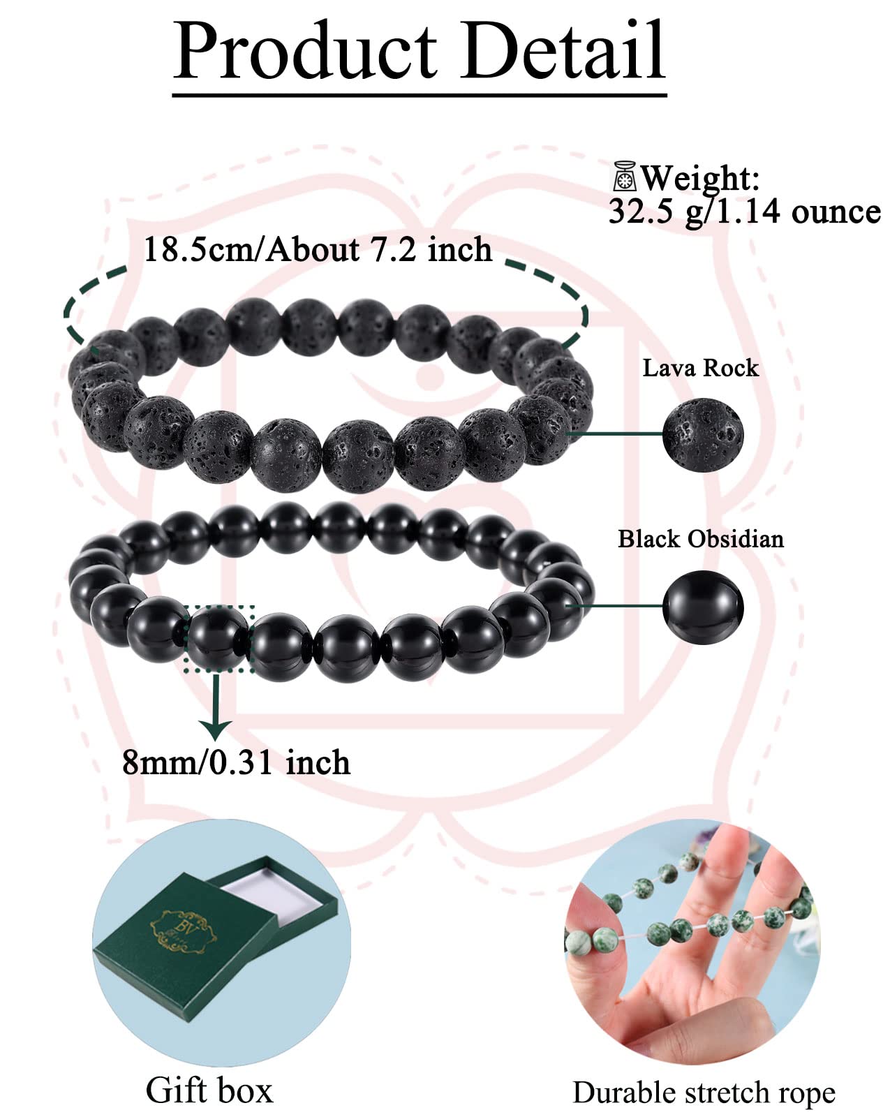 Bivei Natural Gemstone Semi Precious Crystals Handmade Stretchy Round Beads Bracelet, Enhance Positive Energy,Stocking Stuffers for Women(Lava Stone & Black Obsidian (Protection) Medium)