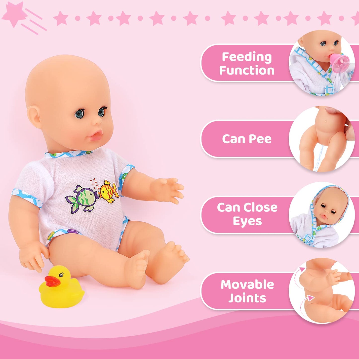 deAO Baby Doll Set with Bathtub,11PCS Doll Bath Set - Real Working Bathtub with Detachable Shower Spray,Toy Gift Set for 3+ Years Old Kids