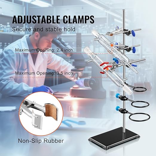VEVOR Lab Stand Support, Laboratory Retort Support Stand Set, Steel Lab Stand 23.6" Rod and 8.3" x 5.7" Cast Iron Base, Includes Flask Clamps, a Burette Clamp and Cross Clamps