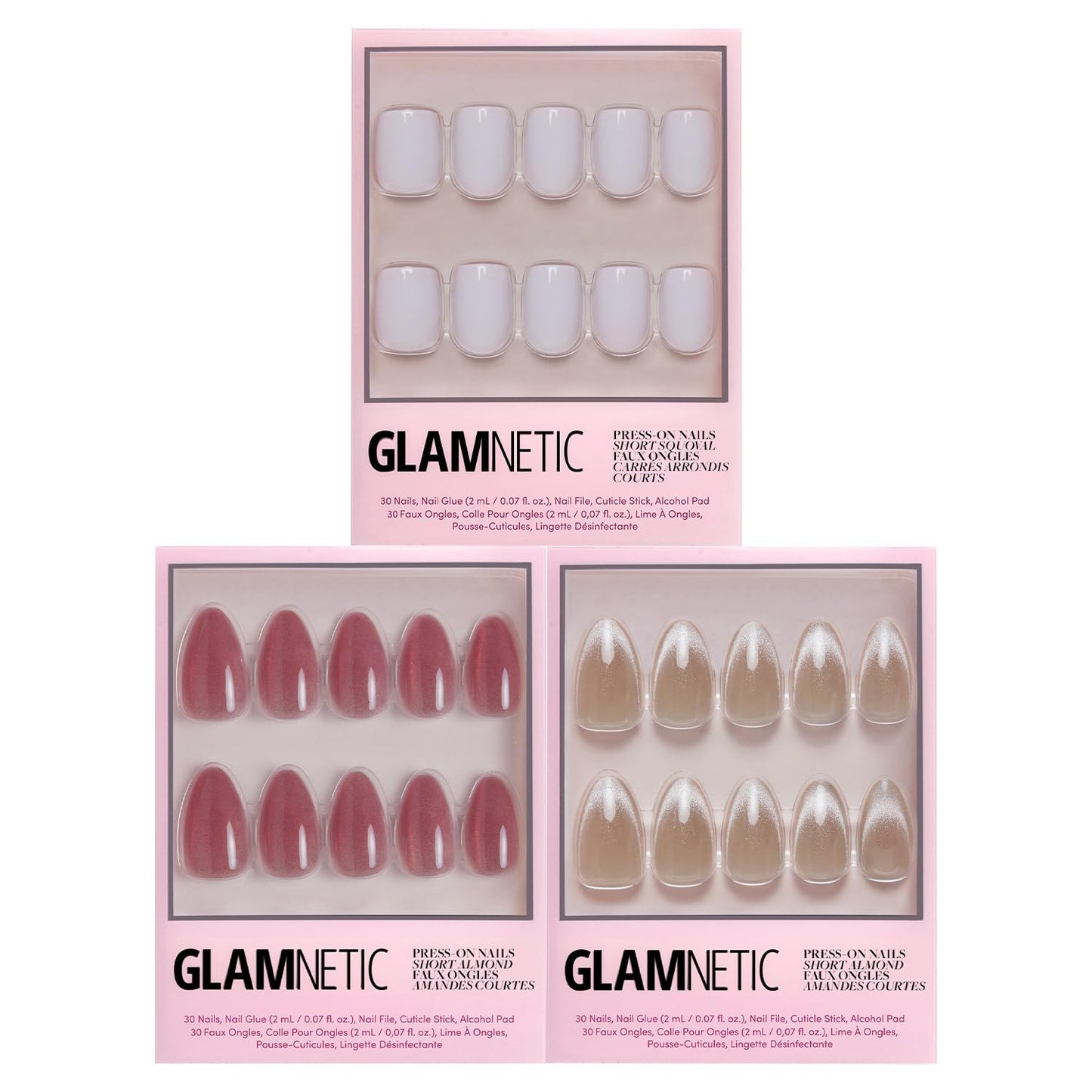 Glamnetic Press-On Nails Bundle - Rosé, Honey Bun & Lilac Gray | Rosy-Pink Nails with a Metallic Finish | Neutral Sparkly Short Almond Fake Nails, Velvet | Light Lilac Gray Short Squoval False Nails