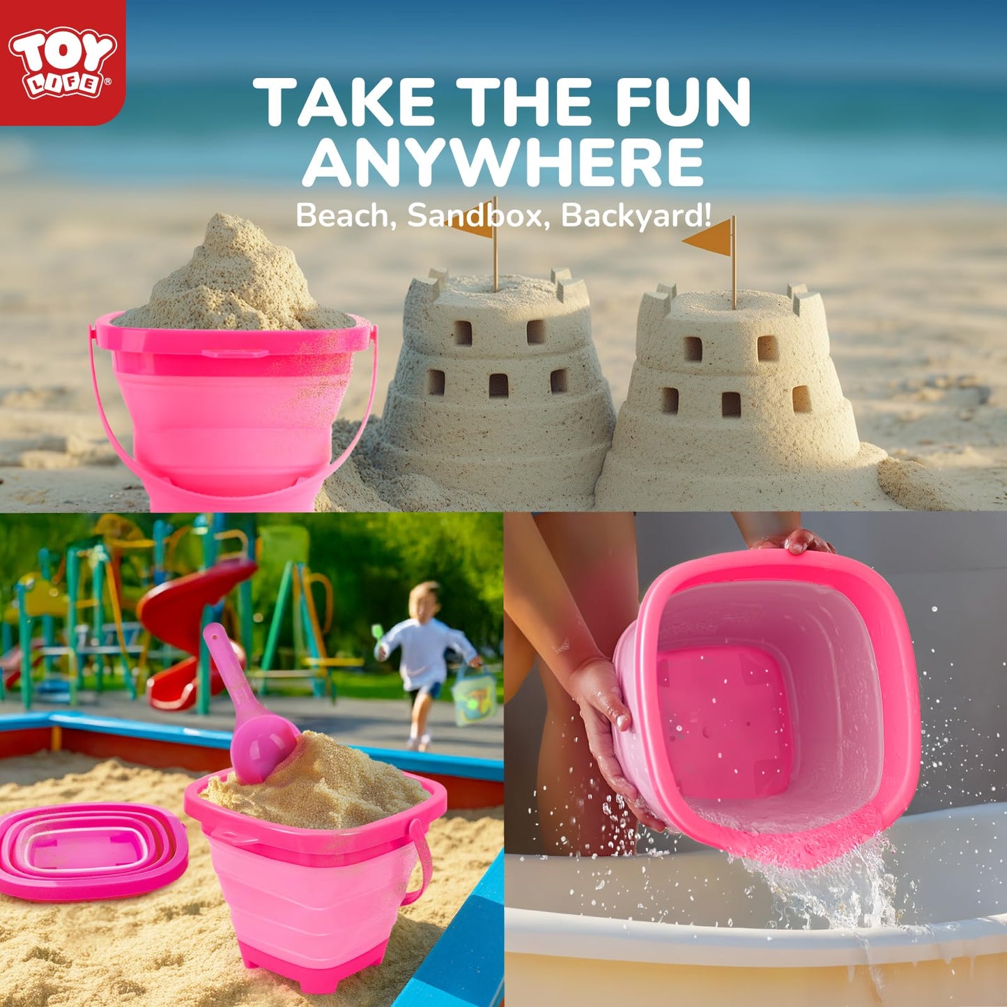 TOY Life 41 Pcs Beach Toys for Kids Ages 4-8 Collapsible Sand Toys Toddlers with Silicone Bucket Shovels & Sand Castle Building Kit Molds, Sandbox Toy Travel, Beach Party, Fishing, Summer Activities