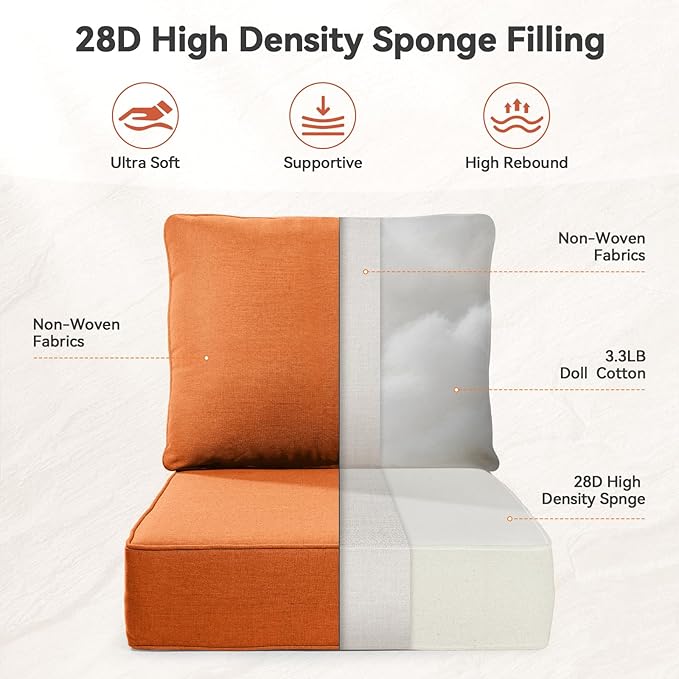 Luxury 6" Outdoor Cushions for Patio Furniture, 24x24x6" Thick Seat Cushion Set of 6, Fade Resistant Couch Chair Replacement Cushions High Density Deep Wicker Chair Cushion w/ Removable Cover, Orange