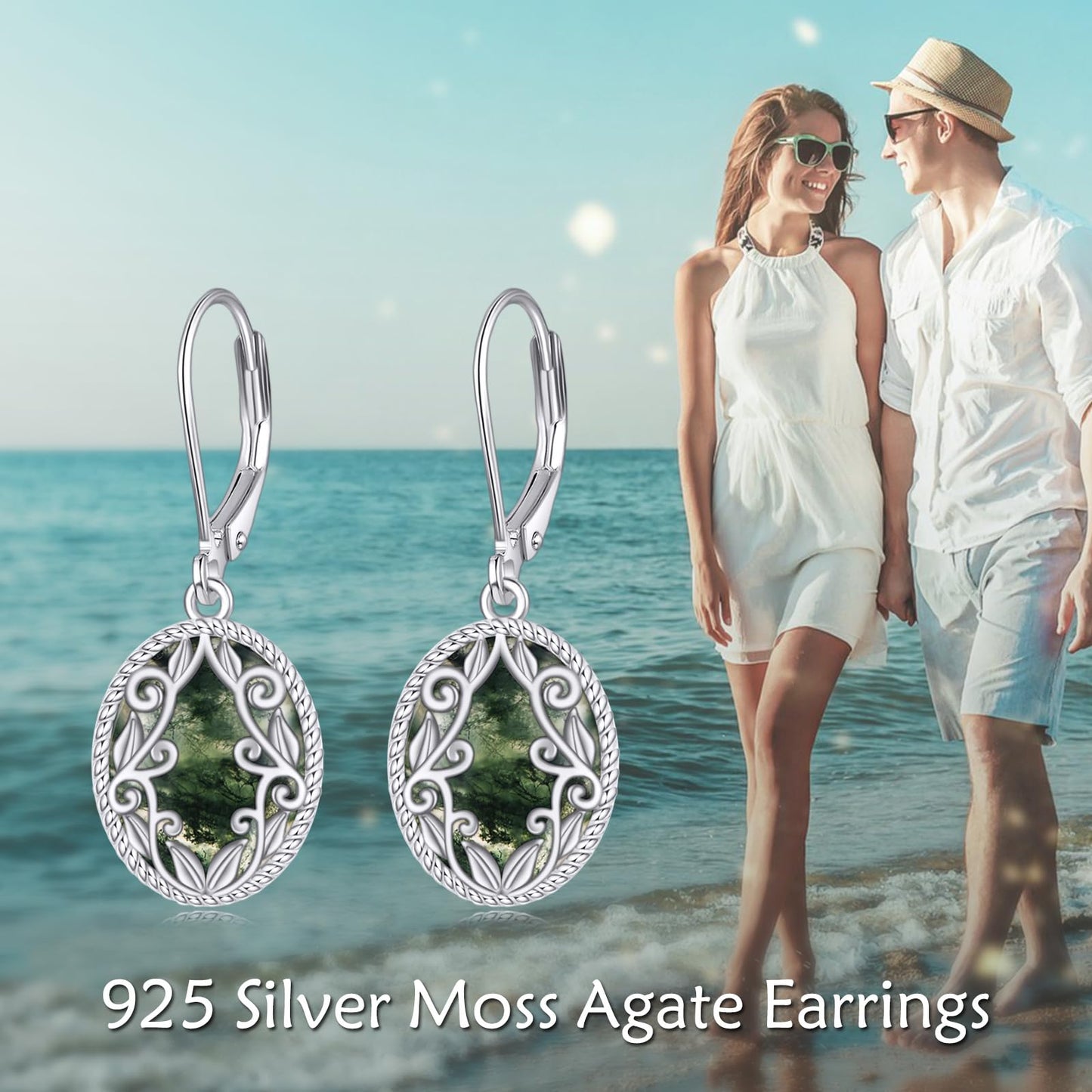 Moss Agate Drop Earrings Sterling Silver Agate Oval Leverback Earrings Natural Stone Dangle Earrings Jewelry Christmas Gifts For Women