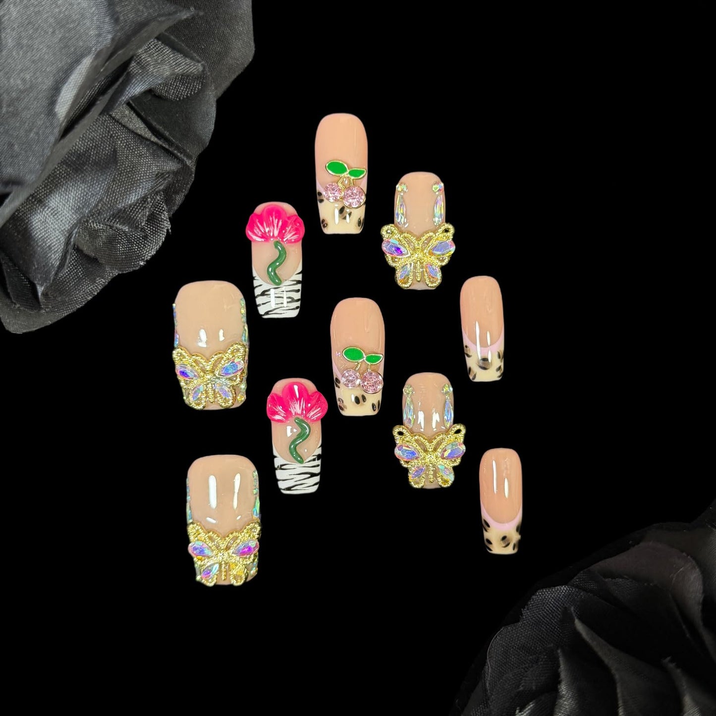 Handmade Press On Nails, Short Medium Square Nude Pink with 3D Butterfly & Flower Design, Reusable Acrylic Fake Nails with Crystals, Blush Garden (M)