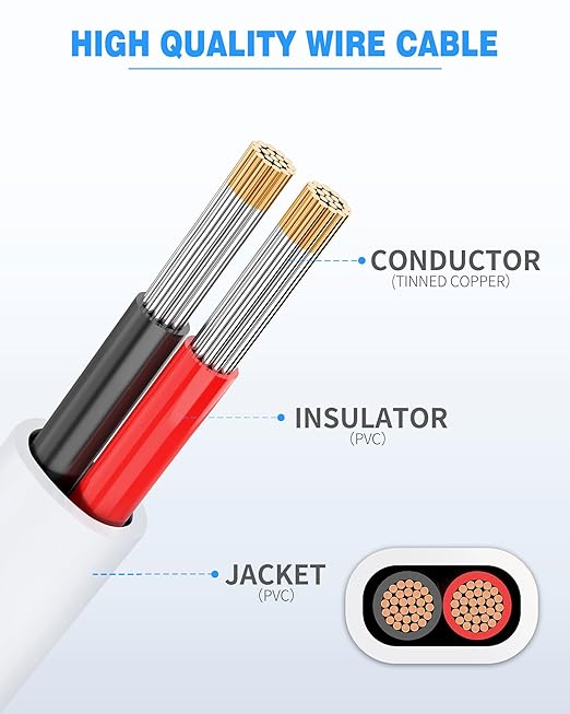 NAOVEO 10 Gauge Wire 2 Conductor Electrical Wire, 10 AWG Stranded PVC Tinned Copper Cable, Flexible/Low Voltage Automotive Wiring for LED Lamps, Marine, Speaker, Appliances (100FT)