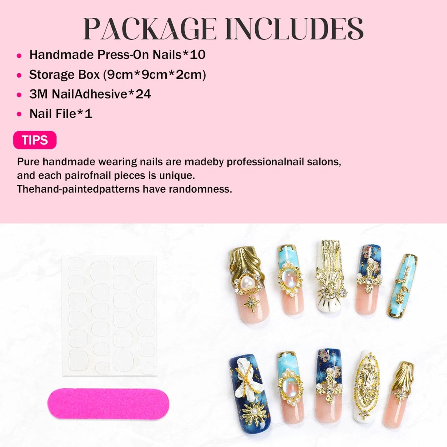 Handmade 3D Green-Pink-Gold Royal Retro Gem Square Press On Nails, Luxury Rhinestone Noble Style Artisan Nails Set, Reusable Glossy Press-ons with Tool Kit(S)