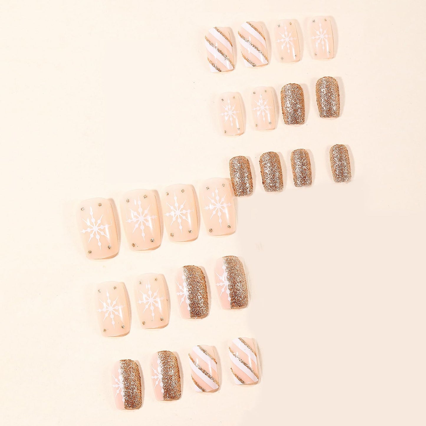 MISUD Press on Nails - Short Square Fake Nails with Snowflake, Acrylic Bling Gold Glitter Design 24 pcs