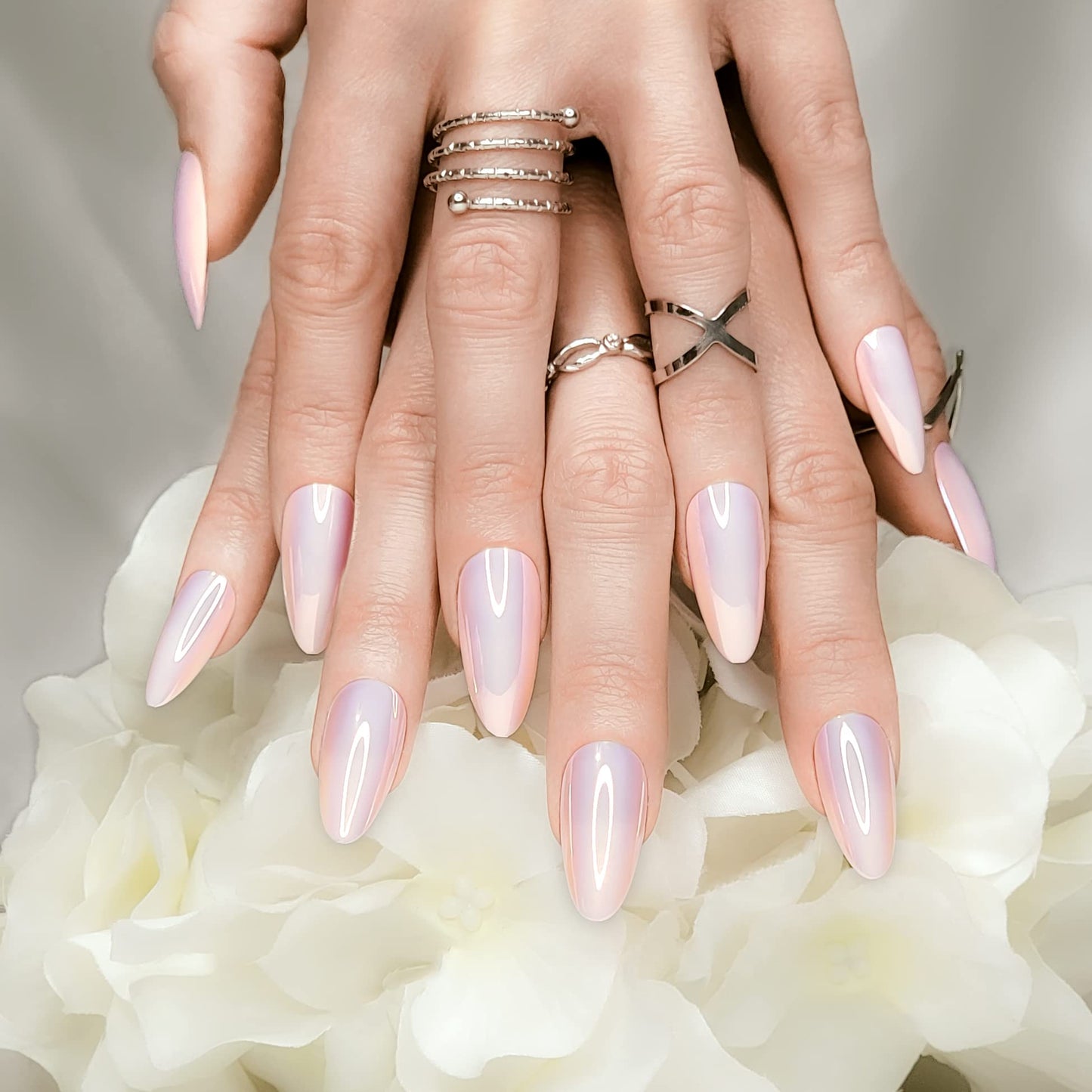 Hypnaughty Press On Nails - Caviar & Light Peach Almond Chrome, Trendy & Salon Quality Reusable Nails With Kit