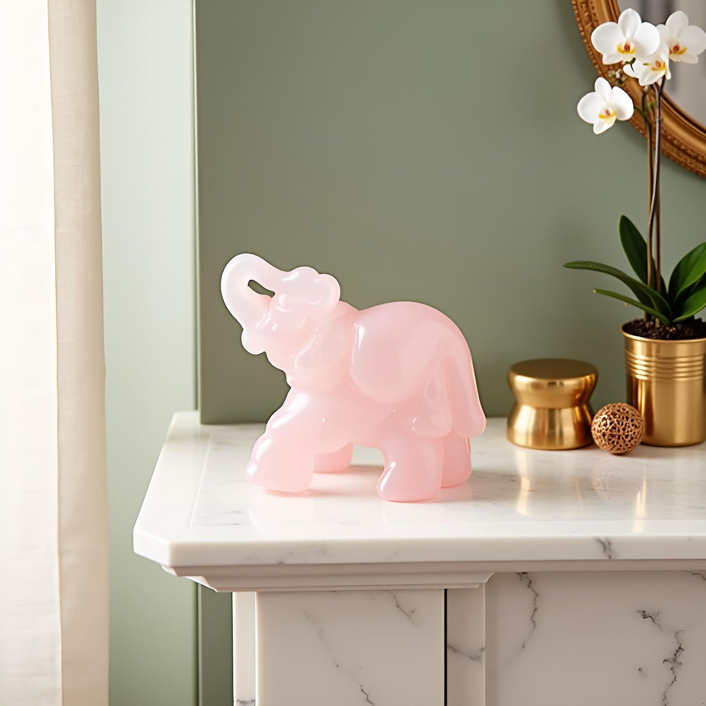 SquarezhenBo Elephant Ornament, Elephant Statue, Jade Stone Handcraft Natural Green Jade Stone Elephant Statue Decor Toys in Hand Home Décor Accents Sculptures (Pink)