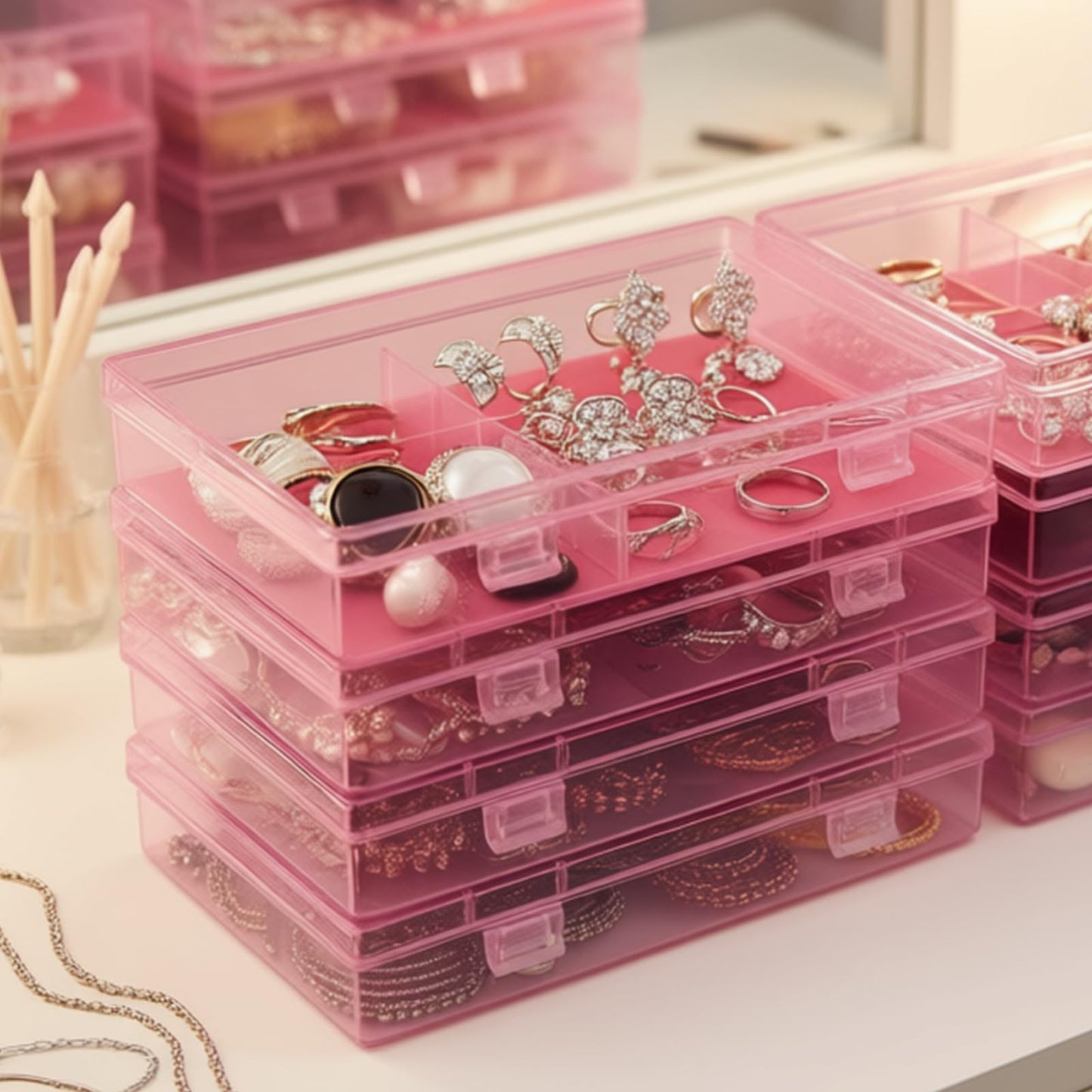 Goodma 4 Pieces Rectangular Plastic Boxes Empty Storage Organizer Containers with Hinged Lids for Small Items and Other Craft Projects (Pink, 7.1 x 4.3 x 1.2 inch)