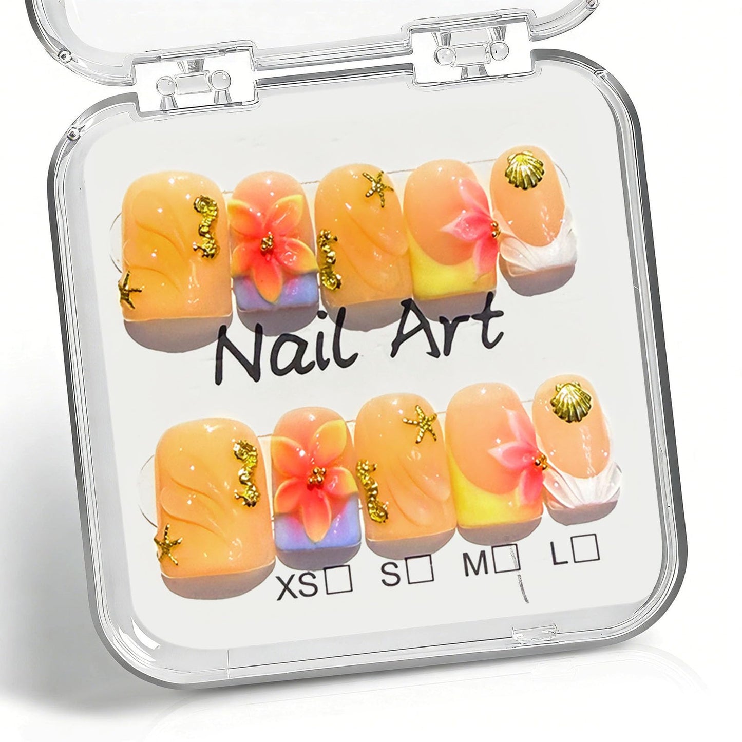10 Pcs Yellow Handmade Press on Nails Short Square Fake Nails with 3D Flower Seashell Ocean Design Acrylic French Tip False Nails M Size Short Press Ons Nails Square for Women Nail Art