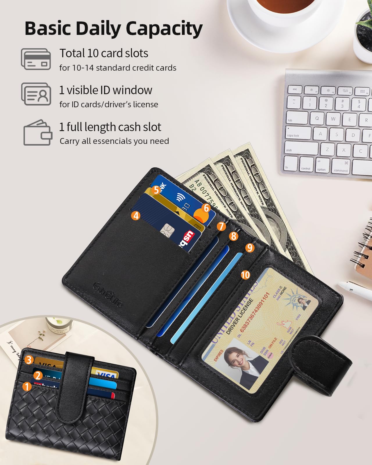 Smart Women Wallet with Find My, Wallet Tracker, RFID Blocking Bifold Credit Card Holder, Left-Behind Alerts, Play Sound, Anti-Loss, Wireless Rechargeable, Works with iPhone, iPad, Mac, Black