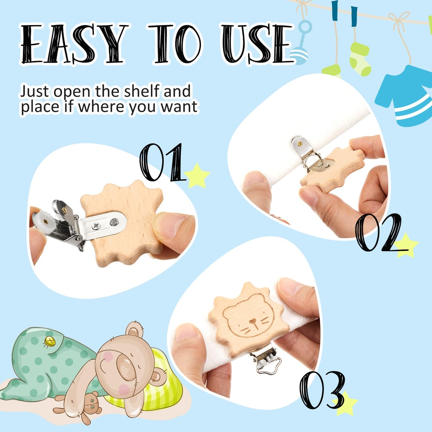 Boao 10 Pcs Wood Pacifier Clips Toy Suspender Clips Charm DIY Pacifier Holder for Baby Toddler Teething Grasping Accessory (Cute)