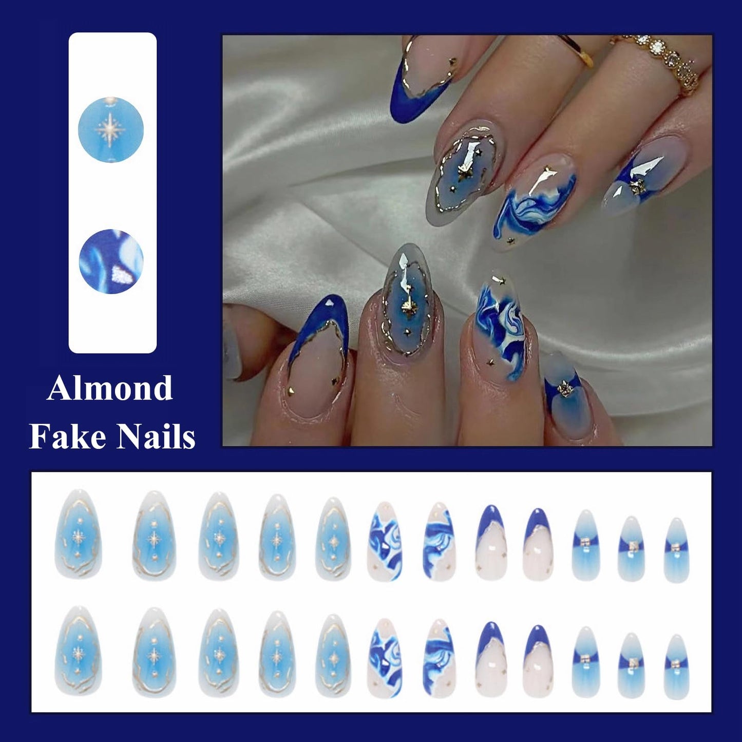 MISUD Press on Nails - Medium Almond Fake Nails with Summer Beach Acrylic Blue Ombre Design 24 pcs