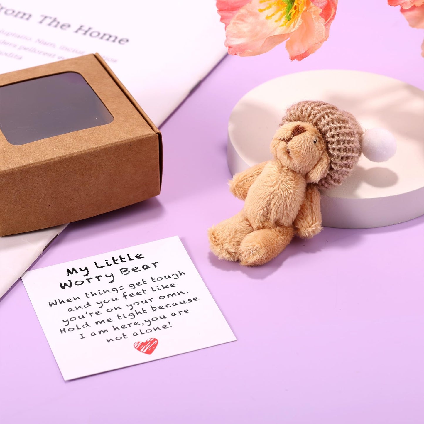 TOYMIS 1 Set Mini Plush Worry Bear with A Hat, Handmade Positive Small Plush Bear in A Box with Encouragement Little Card Inspirational Support Easter Egg Toy for Family Friend Coworkers Gift