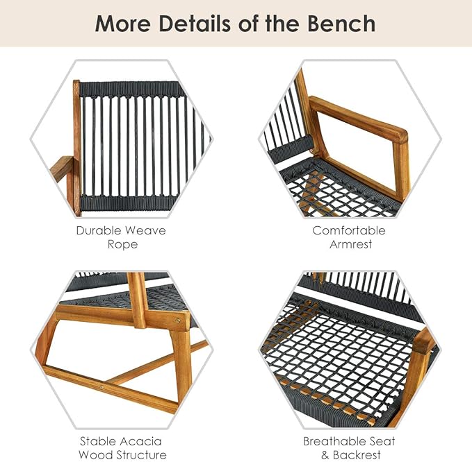 Tangkula 2-Person Patio Acacia Wood Bench Loveseat, Outdoor Patio Rope Bench in Teak Oil Finish, for Balcony Deck Poolside Porch (Grey)