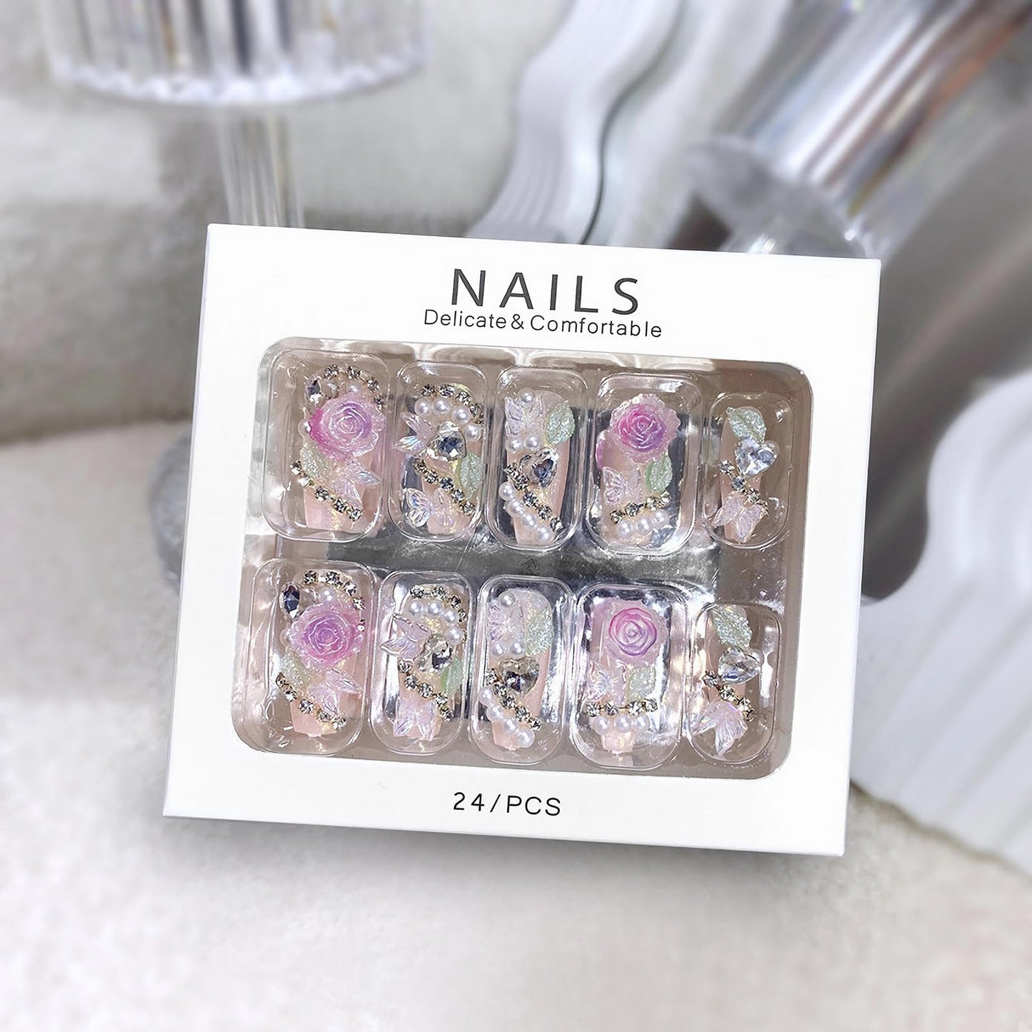 MISUD Press on Nails - Long Coffin Fake Nails with Pink Flower, Acrylic Handmade Pearl Rhinestone Design 24 pcs