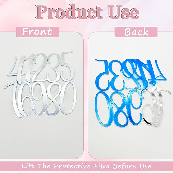 Silver Mirrored Acrylic Number Cake Toppers, 2 Sets
