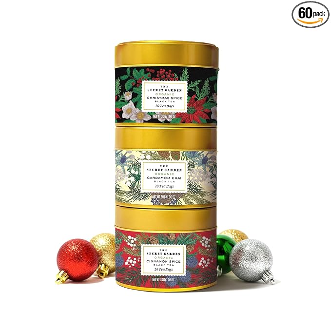 Life Plus Style Gourmet The Secret Garden Organic Christmas Spice Black Tea 60 Tea Bags Stackable Gift Tin Cardamom Chai & Cinnamon Spice Holiday Tea Sets for Women Secret Santa and Stocking Stuffer
