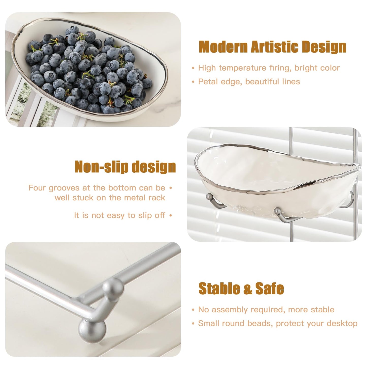 HOMKULA 2 Tier Ceramic Fruit Bowl for Kitchen Counter, Tiered Fruit Basket for Countertop, Modern Multi Layer Fruit Display Stand for Party, Cute (Silver-rimmed, Small)