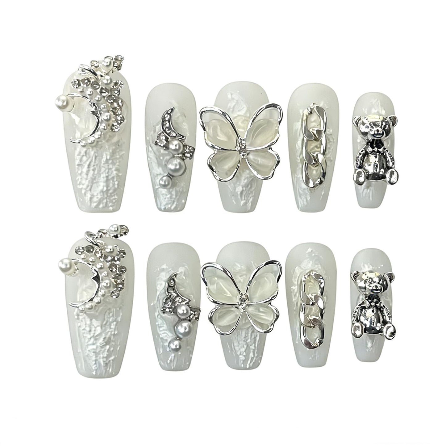 Handmade Press on Nails square Baroque Style Plaster Glue Pure White Decorative Adhesive with Moon Butterfly Pearl and Bear Acrylic Nails Press on Handmade Nails Handmade Nails(S)