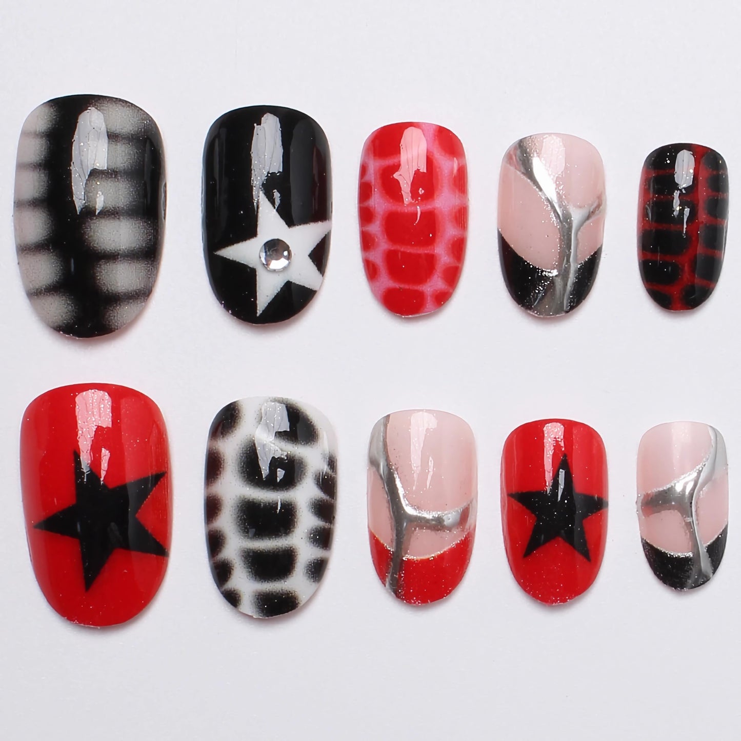 BABALAL Goth Press on Short Artificial Nails 24pcs Acrylic French Tip, Black Red, Y2k Star, Silver Chrome, 24Pcs Glossy Full Cover Oval False Nails for Women Girls