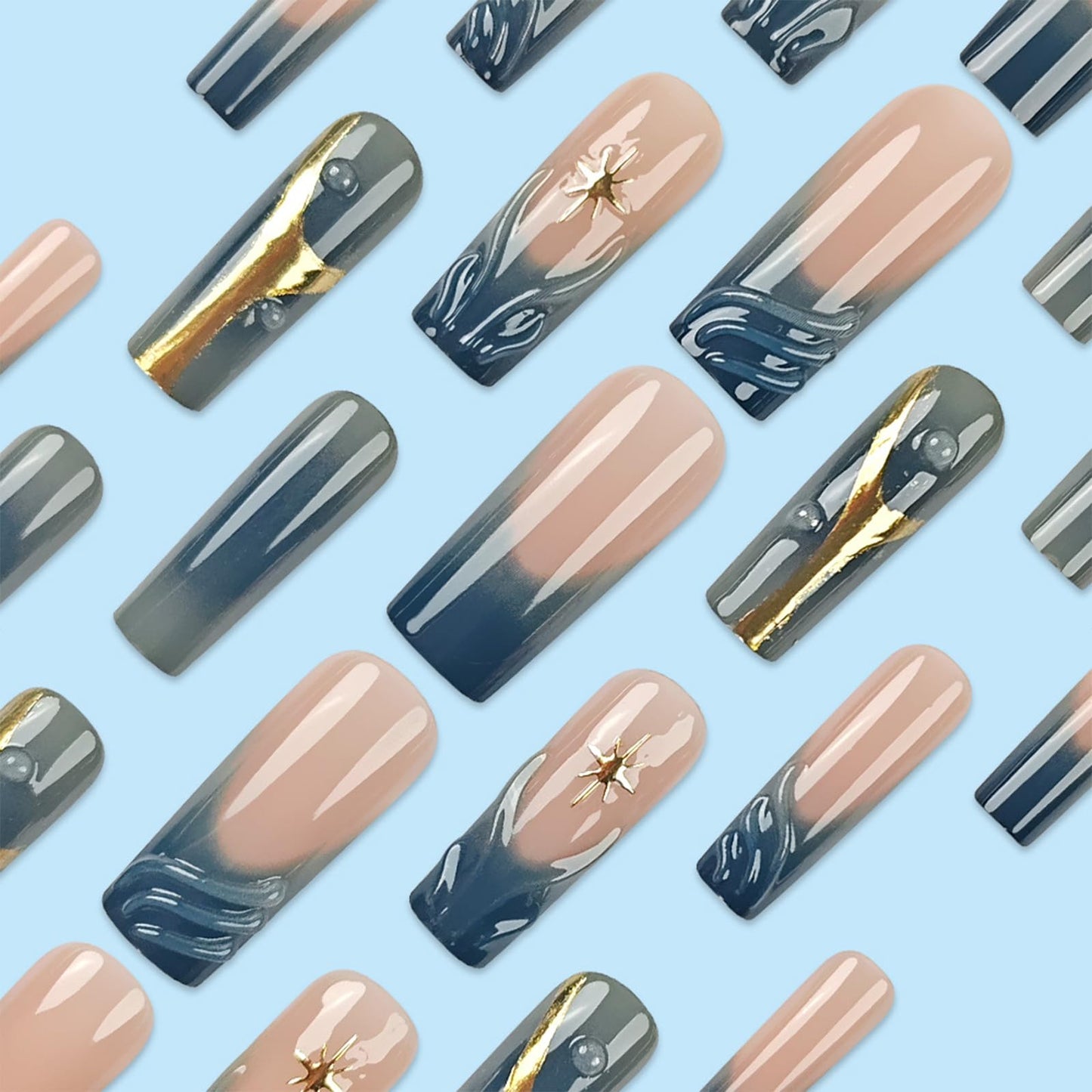 IMRAIN Long Press on Nails Square French Tip Fake Nails with 3D Wave Design Full Cover Blue Gradient & Golden Line Acrylic Nails Glossy Glue on Nails Artificial Squoval False Nails 24Pcs