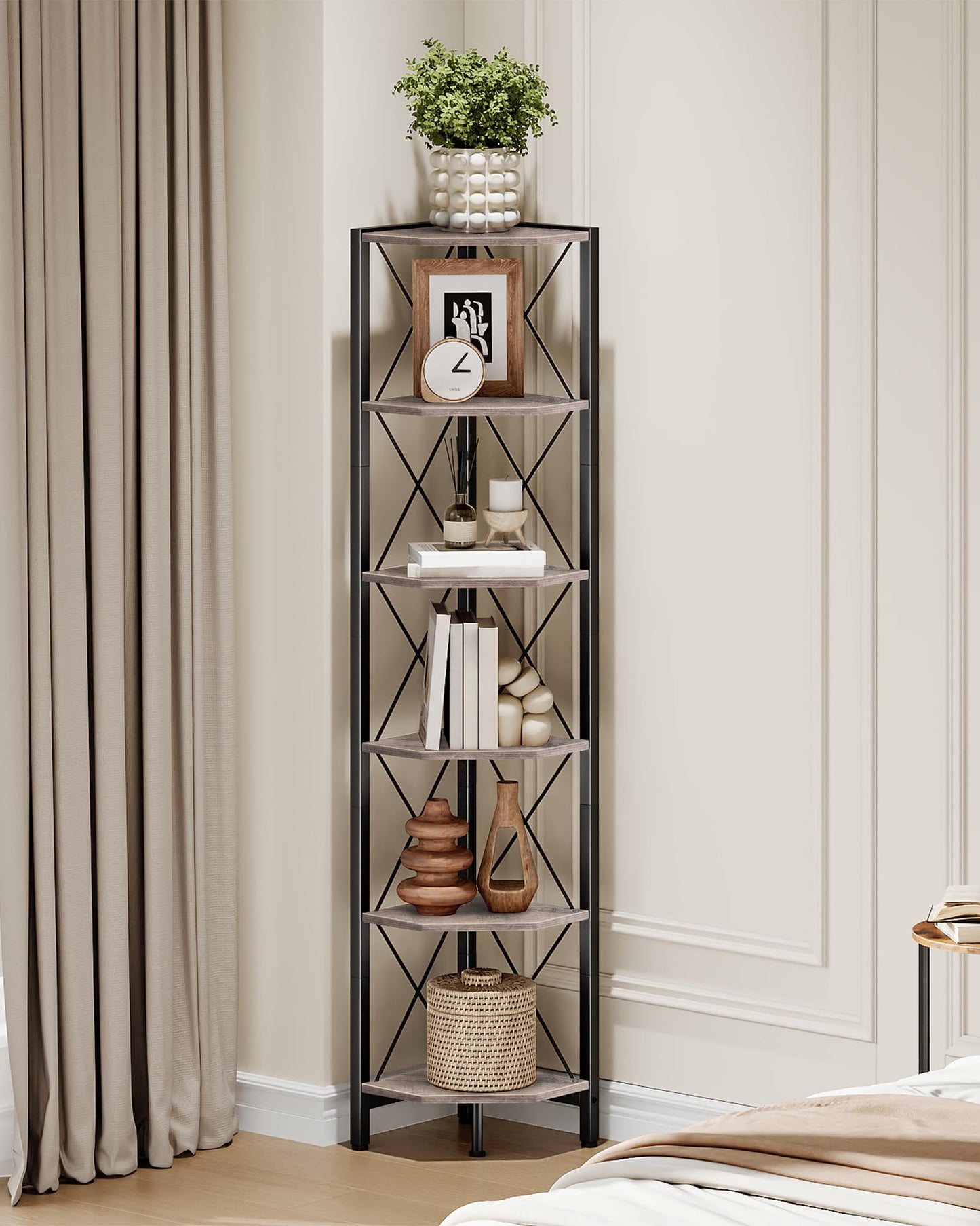 CHOEZON 6-Tier Corner Shelf, Corner Bookcase, 66.9" Tall Vertical Display Rack, Plant Stand, Open Storage Shelf, for Living Room, Bedroom, Study, Kitchen, Greige and Black TCJ13BG