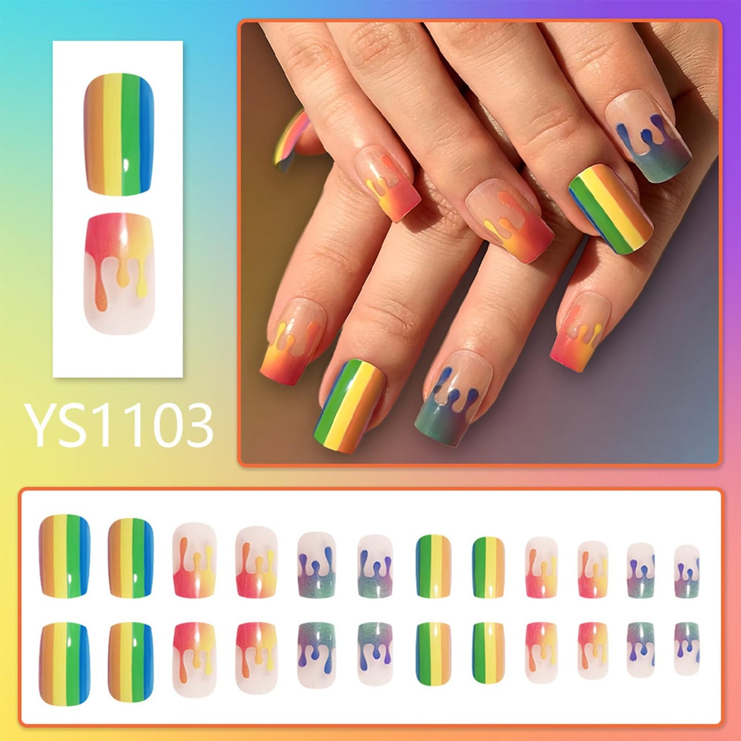 Rainbow Press on Nails Medium Square Fake Nails with Colorful Stripes Design Cute Summer Nails Press ons Glossy Full Cover Stick on Nail Artificial Glue on Nails for Women 24Pcs