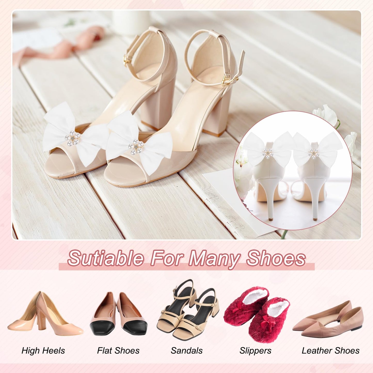 M METERXITY 2-Pack Bow Shoe Clips, Satin Elegant Detachable Shoe Buckle Bridal Bow Heels Accessories with Pearl Rhinestone for Wedding/Party/Prom, Cute Bowknot Heels Clip [Pure White]