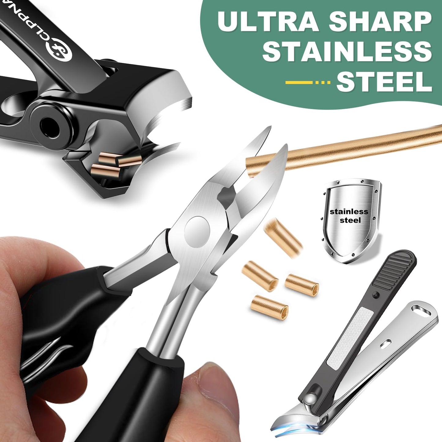 Toenail Clippers for Seniors Thick Toenails, CLPPNA Large Toe Nail Clippers Set for Men with Wide Jaw, Sharp Heavy Duty Ingrown Toenail Clippers Nail Cutter, Long Handle with Slanted Curved Blade
