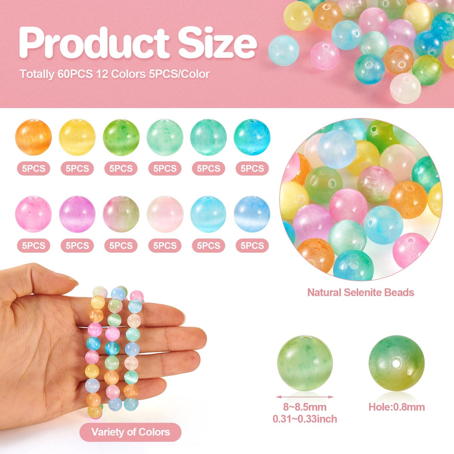 60Pcs Natural Selenite Beads 8mm Natural Stone Beads Grade A Smooth Round Gemstone Loose Bead for Women Bracelet Jewelry Making Mother’s Day