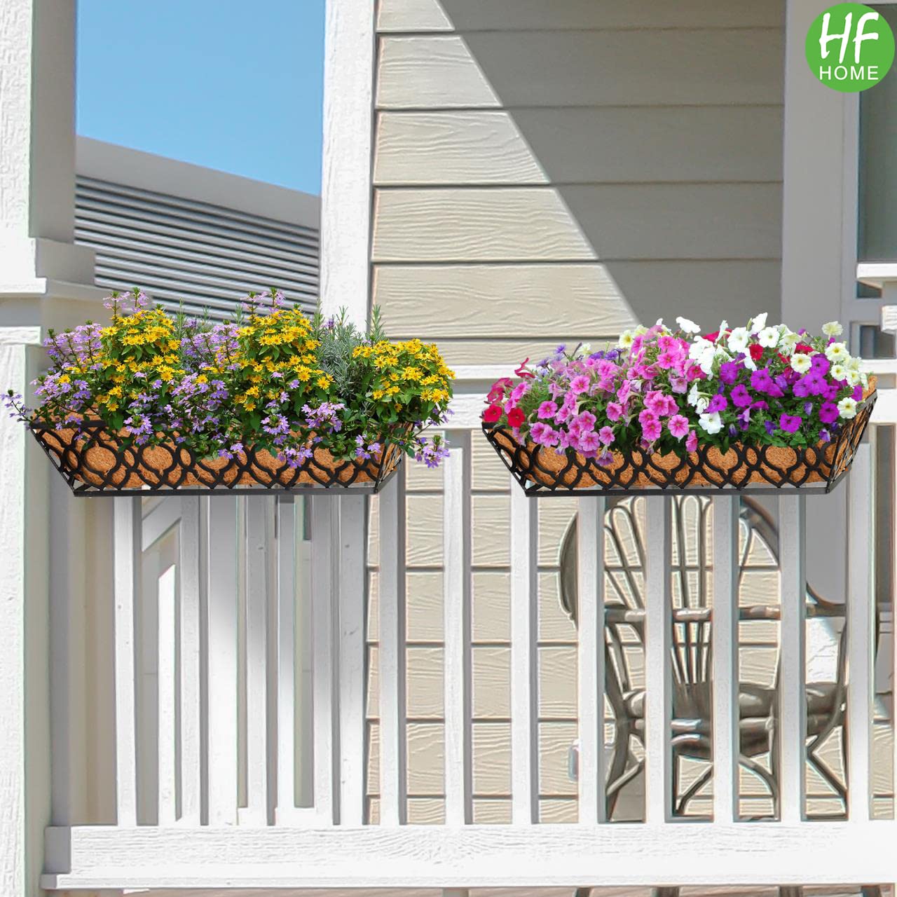 HFHOME 24 Inch Deck Railing Planter Box with Horse Trough Coco Liner, 24" Window Boxes with Coconut Coir Liner, Black Metal Hanging Flower Planter Basket for Outdoor Indoor Lawn - 4 Pack