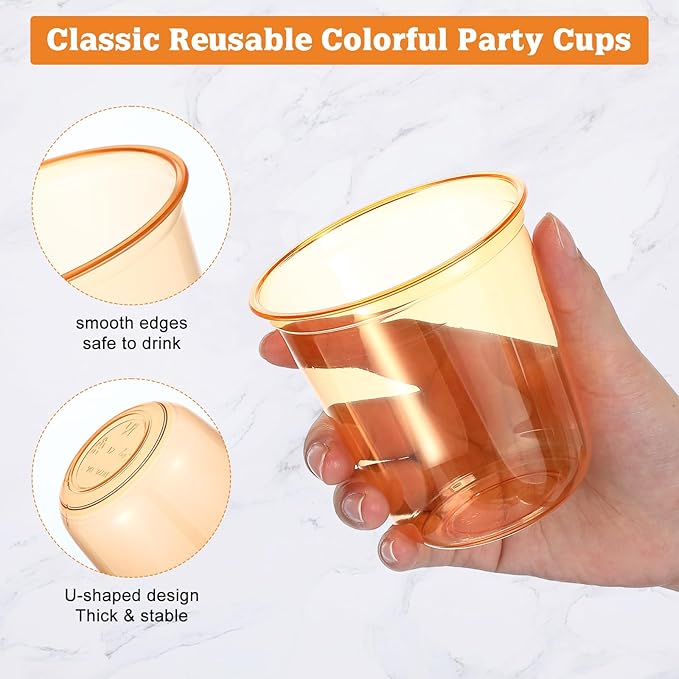 50pcs Disposable Stemless Glasses 12oz Crystal Plastic Wine Glasses Clear Classic Pet Cup for Meeting Weddings Birthdays Cocktail Christmas Party Supplies (Orange)
