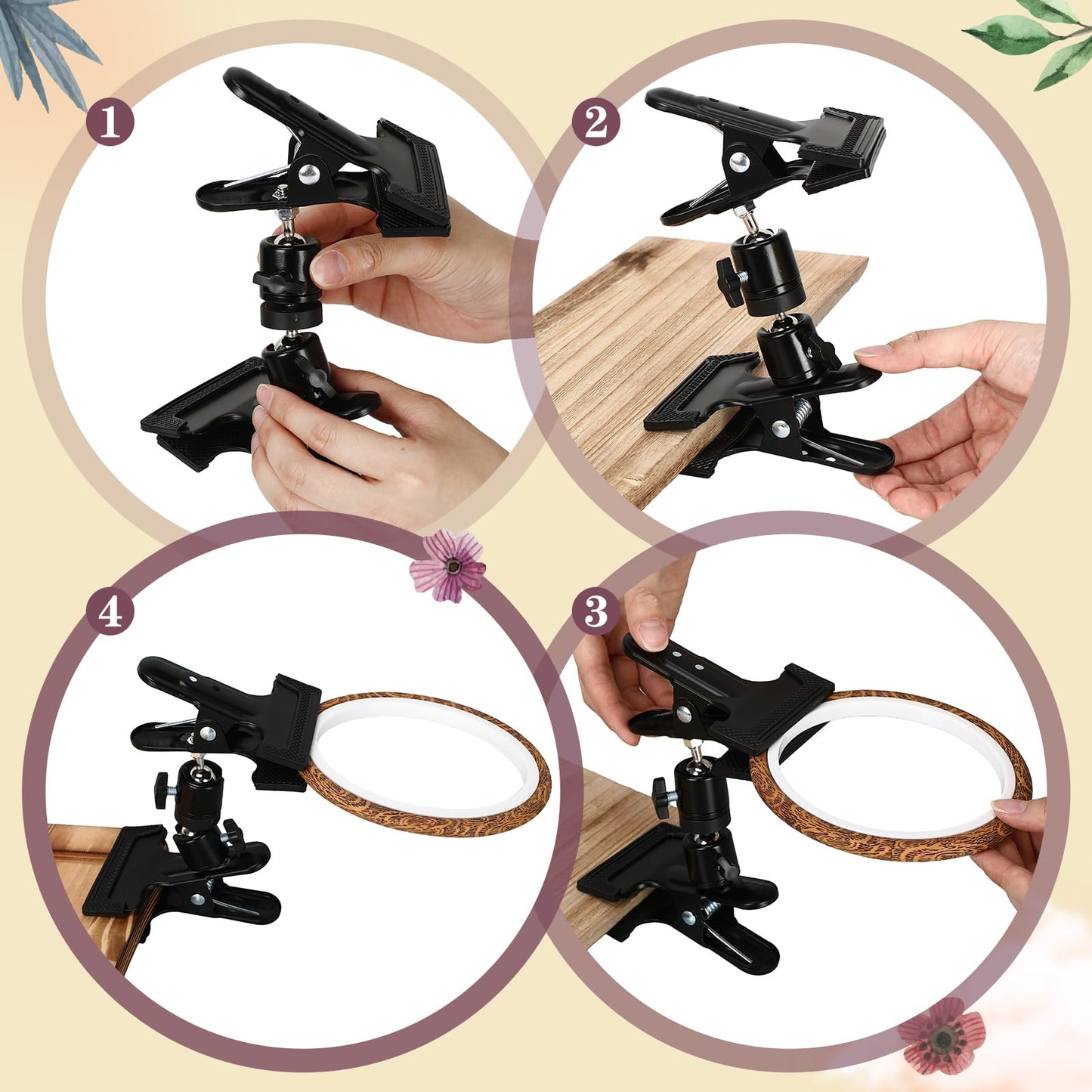 ElaraBerry 3 Beech Wood Embroidery Hoops with Adjustable Desk Clamp Embroidery Hoop Stand Rotated Hoops Stand for Cross Stitch Needlework DIY Craft Gift for Hobbyists(3"/5.5"/8.6",Round)