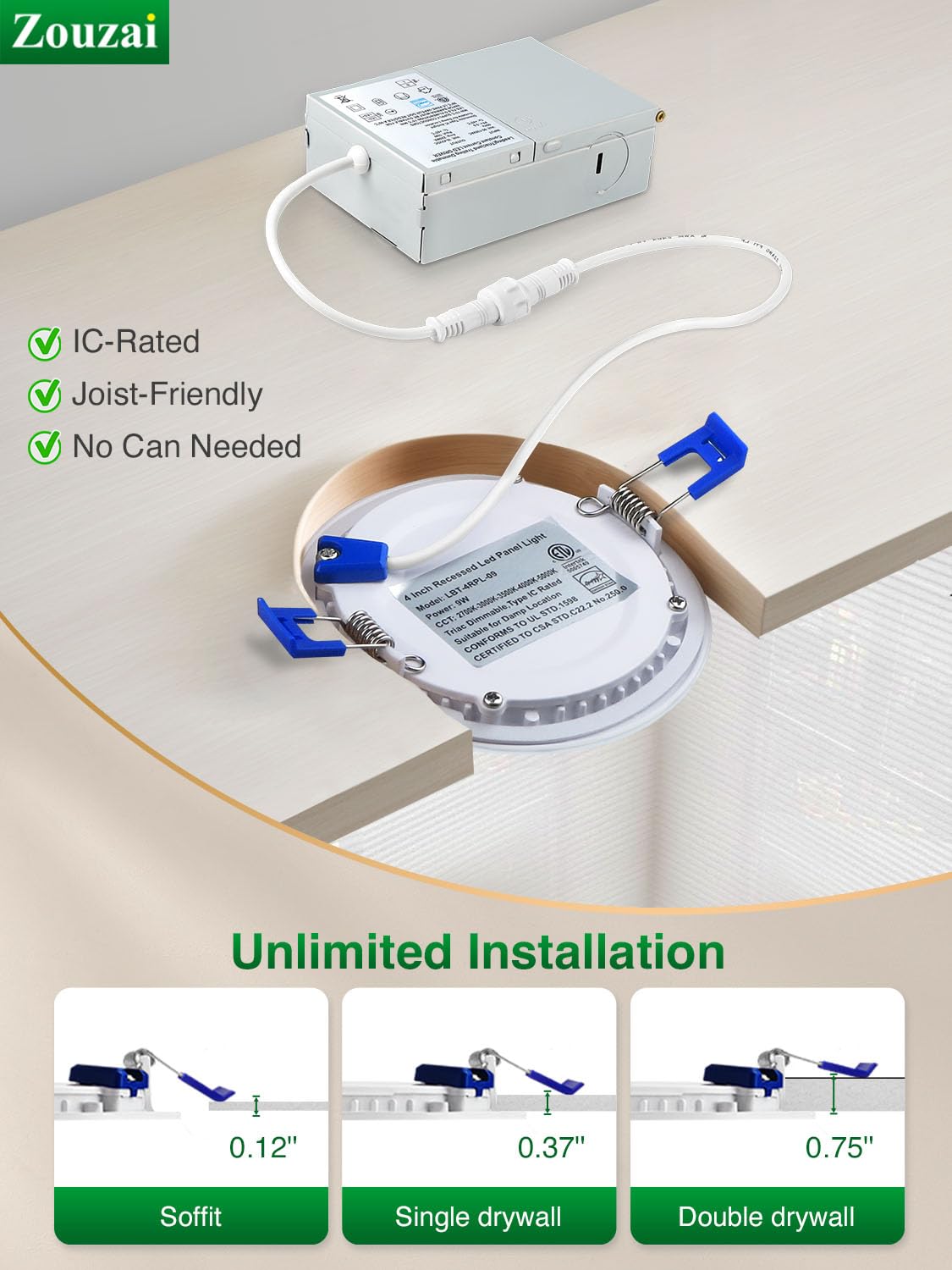 zouzai 12 Pack 4 Inch Ultra-Thin LED Recessed Ceiling Light with Junction Box, 5000K Daylight, 9W Eqv 80W, Dimmable Canless Wafer Downlight, 810LM High Brightness, ETL and Energy Star Certified