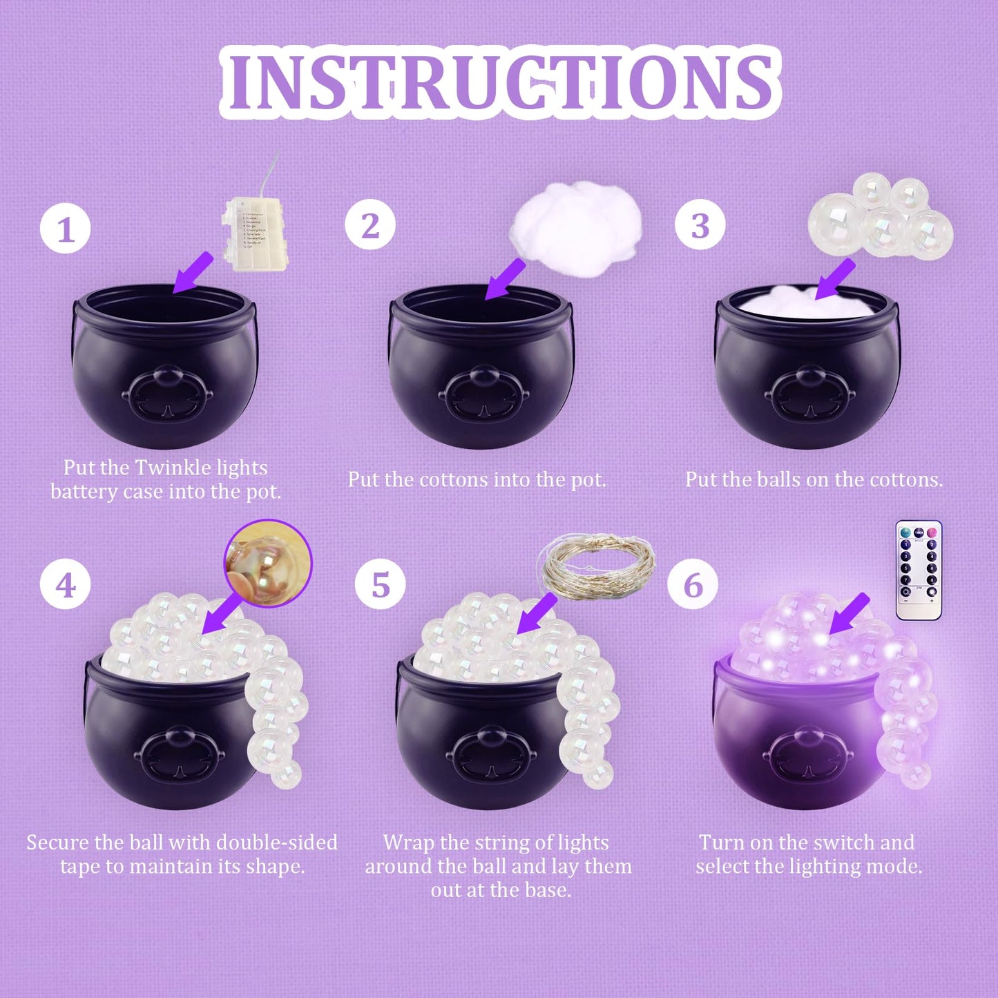 HEVOY Glowing Witch's Cauldron Set, Easy DIY Light-Up Bubbling Cauldron With Clear Ornaments, Halloween Party Indoor Prop Decor (Black)