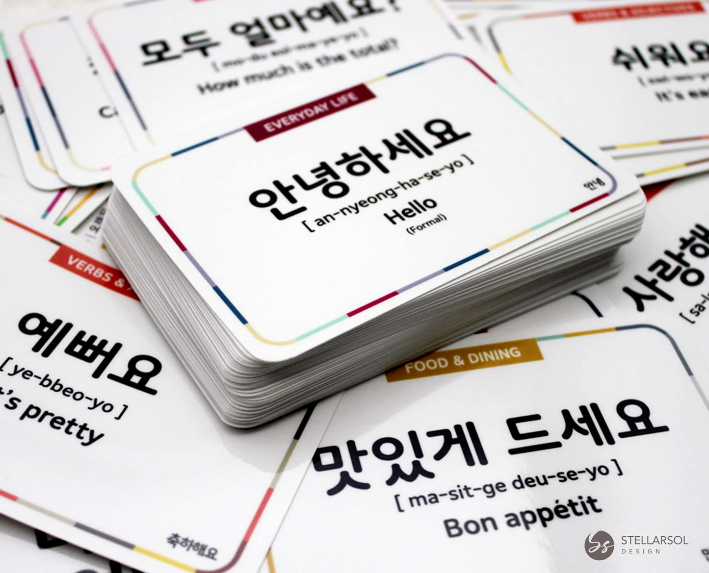 Stellarsol Korean Flashcards for Beginners – 120 Essential Dialogue Phrases & Words – Includes Hangul, Romanization, English, MP3 Audio, Gift Box