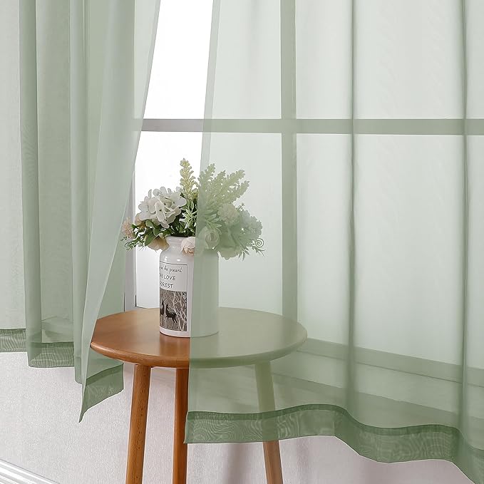 Lecloud Sage Green Sheer Curtains 45 Inch Long 2 Panels, Short Voile Drapes for Dinning Small Windows, Light Filtering Voile Curtain for Living Room Bedroom Bathroom, Dual Rod Pocket, 40" Wx45 L