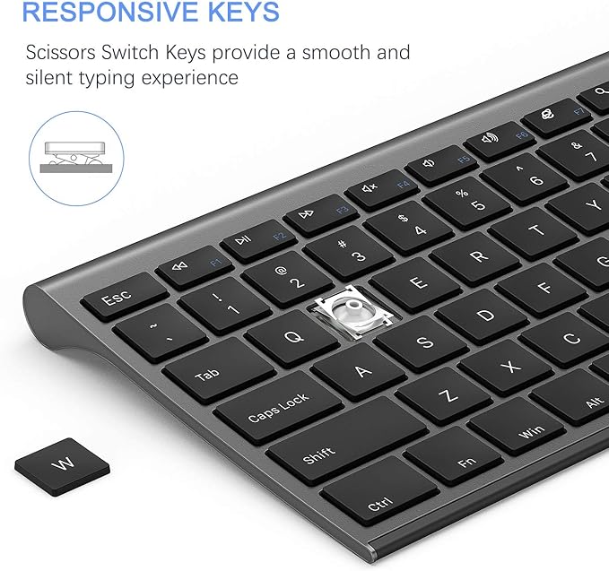Wireless Keyboard and Mouse, Vssoplor Rechargeable Quiet Full-Size Keyboard and Mouse Combo Set Ultra Slim Design for Laptop, PC, Notebook, Desktop-Dark Gray