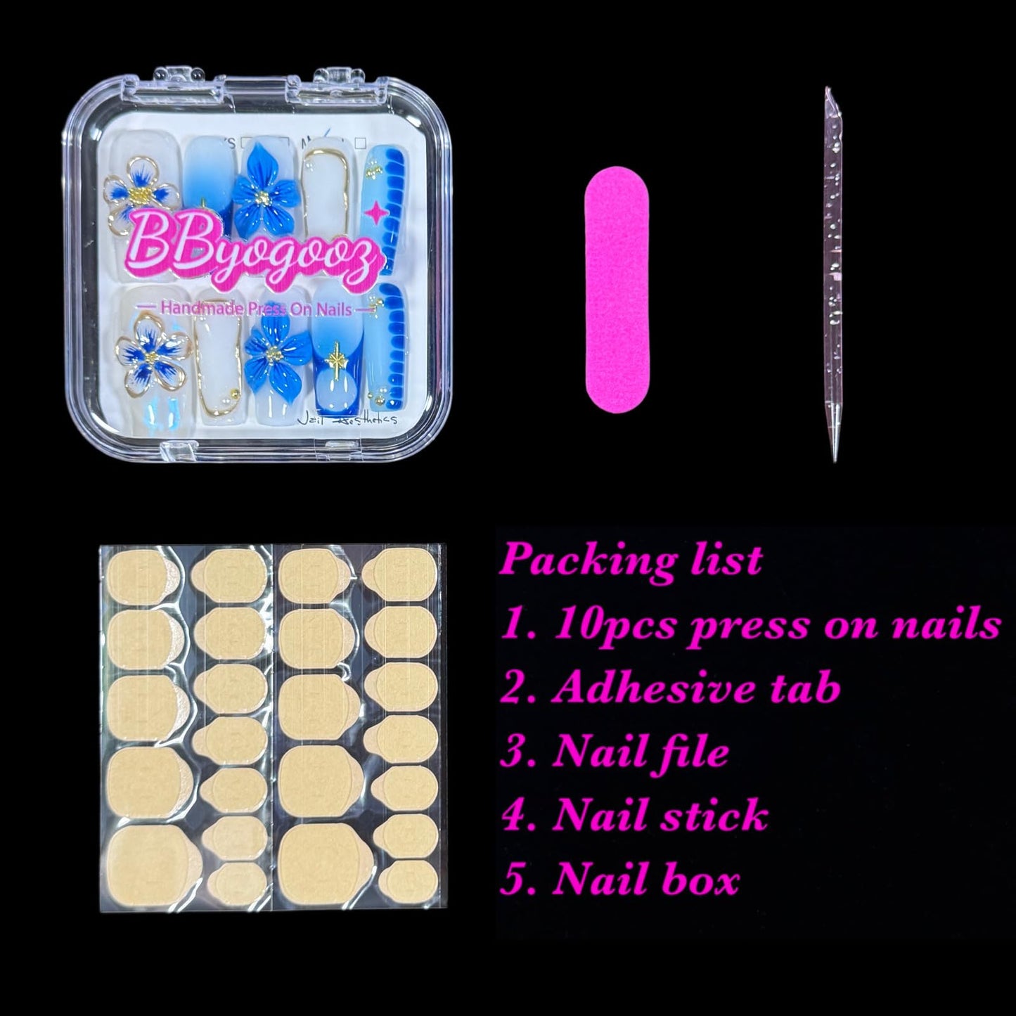 3D Handcrafted Press on Nails, Long/Medium Square Shape, Blue and White Floral, Gold Accent, Reusable Acrylic False Nails, Ocean Bloom (S)