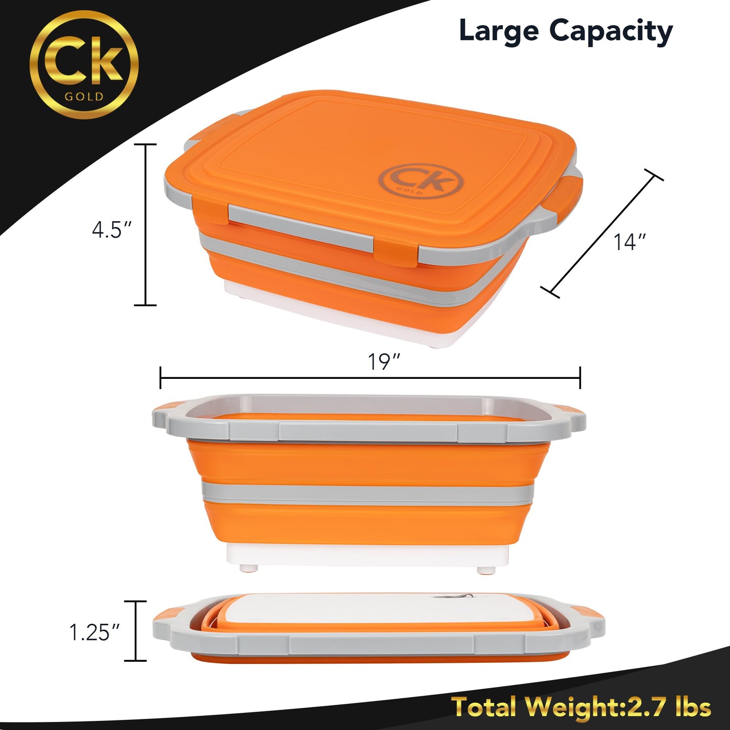 CK GOLD Collapsible BBQ Prep Tub XL with Locking Lid & Drain Hole | Meat Marinating Container with Cutting Board | BPA-Free Food-Grade Prep Tubs for Grilling, Camping & Outdoor Cooking (Orange, 16 L)