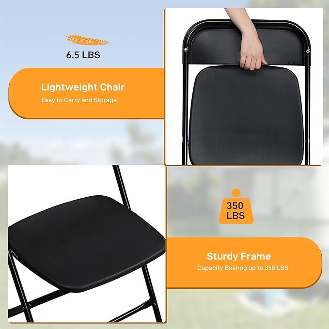 80 Pack Black Plastic Folding Chairs, Portable Party Chairs, Stackable Commercial Seats with Steel Frame for Home Office Wedding Party Indoor Outdoor Events Chairs, 350lbs Capacity