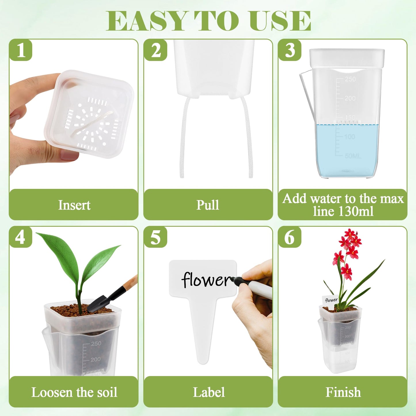 Anglekai 5P 2.5" Mini Self Watering Pots, Small Self Watering Plastic Planter for Indoor Plants for Bare Root Plants, with Inner Pot/ 3 Shovels/ 10 Labels (5)