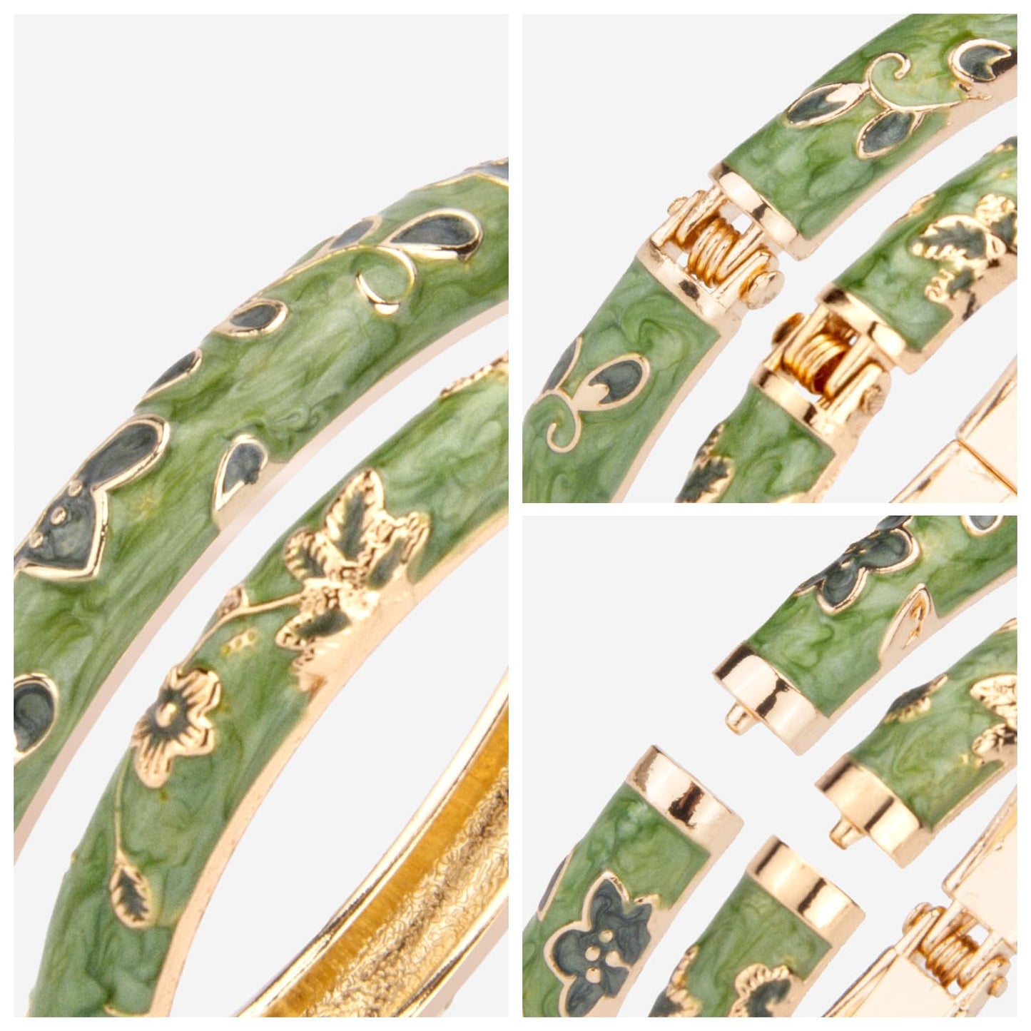 UJOY Women Cloisonne Bracelet Multi-Colors Plated Rhinestone Flower Hollowed Enameled Hinged Cuff Bangles Jewelry Gift 88A10 3pcs Green