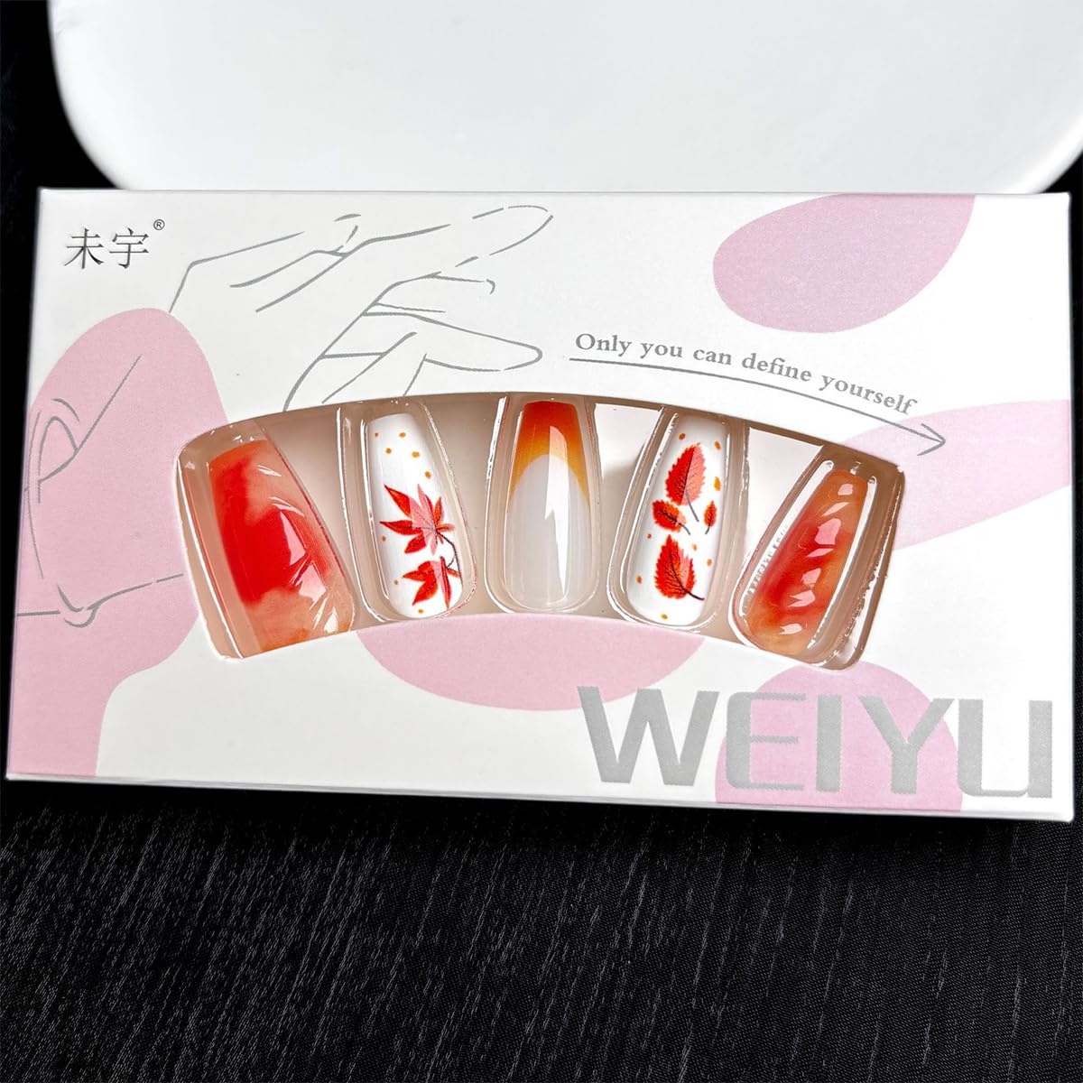30Pcs Fall Press on Nails Medium Coffin Fake Nails with 3D Ripple Design Maple Leaf False Nail Orange French Tip Glue on Nails Thanksgiving Acrylic Nail Full Cover Stick on Nail for Women DIY