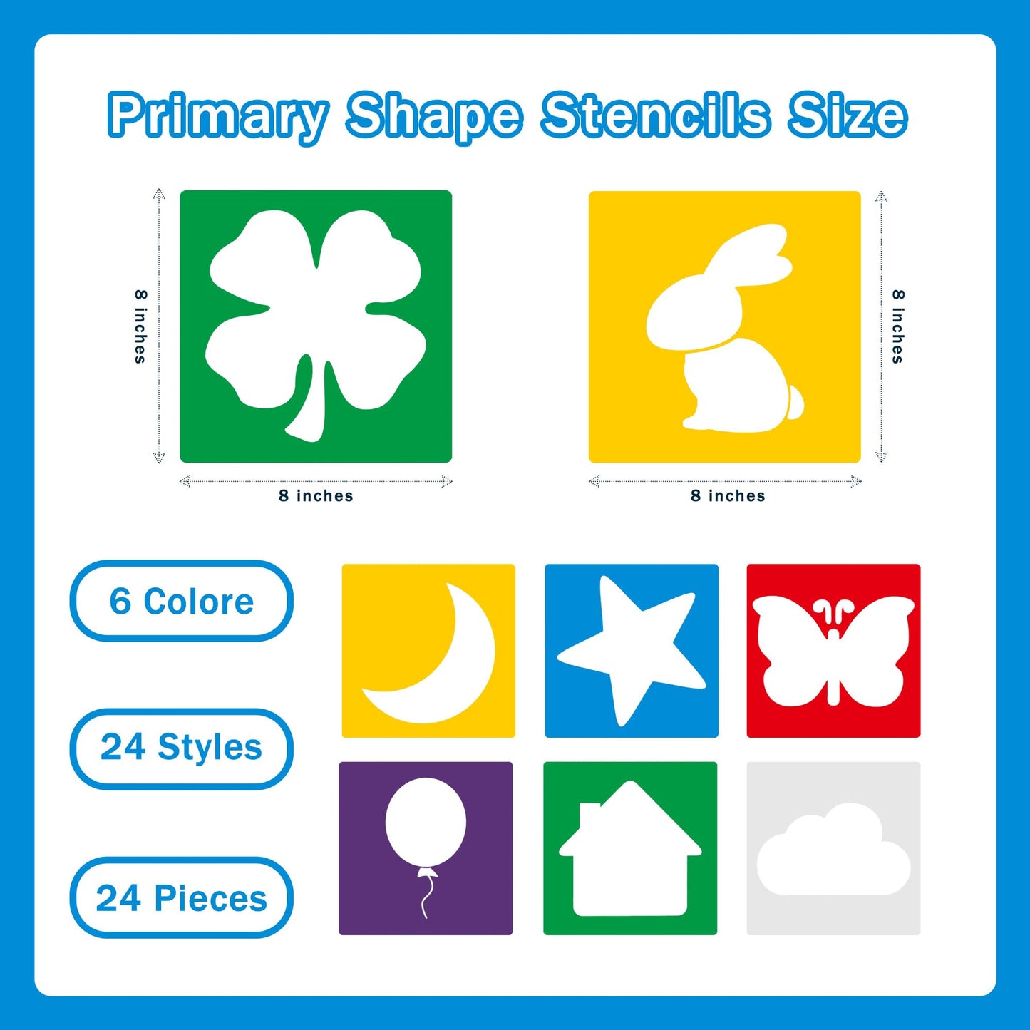 24 Pieces Stencils,Large Drawing Stencils Chalk Template,8 Inches Washable Shape Template Stencils Kit for Crafts,Painting Drawing (Primary, 8 inch)